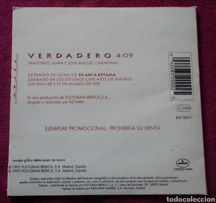 CDs de m&uacute;sica: CD ketama verdadero single a&ntilde;o 1995 - Foto 3
