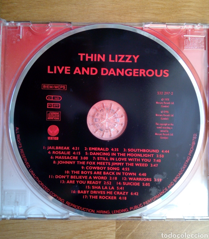 CDs de m&uacute;sica: Thin Lizzy - Live and dangerous, Vertigo, 1996. UK. - Foto 4
