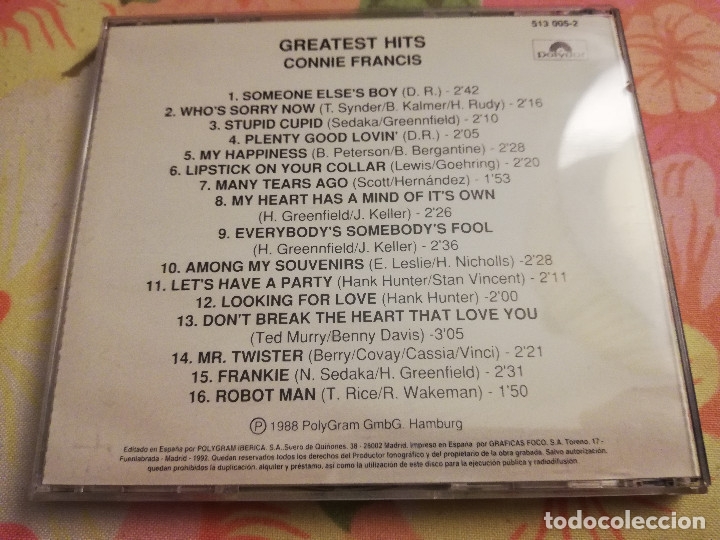 CDs de m&uacute;sica: CONNIE FRANCIS. GREATEST HITS (CD) - Foto 3