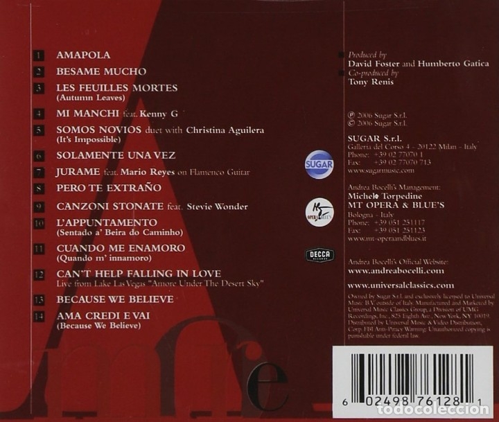 CDs de m&uacute;sica: Andrea Bocelli - Amore - CD - Foto 2
