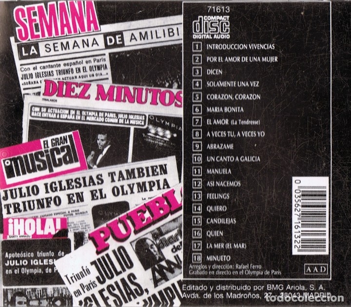 CDs de m&uacute;sica: JULIO IGLESIAS &uml;EN EL OLYMPIA&uml; (CD) - Foto 2