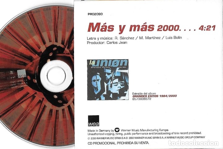 CDs de m&uacute;sica: LA UNI&Oacute;N: M&Aacute;S Y M&Aacute;S 2000. CD SINGLE PROMOCIONAL - Foto 2