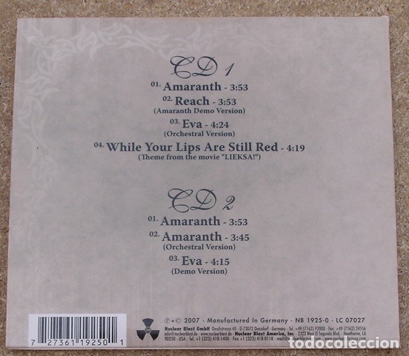 CDs de m&uacute;sica: NIGHTWISH -   AMARANTH (2 CD SINGLE) 2007 - 7 TEMAS - DIGIPACK - Foto 3