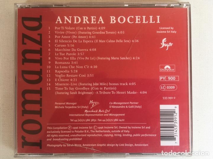 CDs de m&uacute;sica: CD - ANDREA BOCELLI - ROMANZA - 15 TEMAS - Foto 2