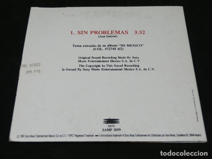 CDs de m&uacute;sica: CDSINGLE - ANA GABRIEL - SIN PROBLEMAS - 1993 - CD SINGLE - Foto 2