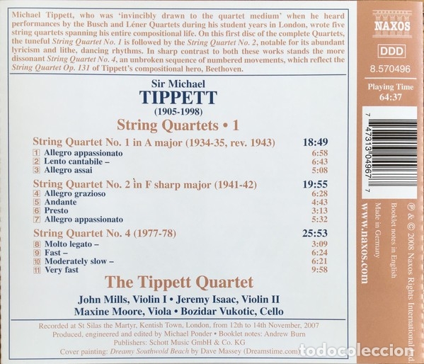 CDs de m&uacute;sica: Tippett - String Quartets &bull; 1 (Quartets Nos. 1, 2 And 4)  - CD Naxos - Foto 2