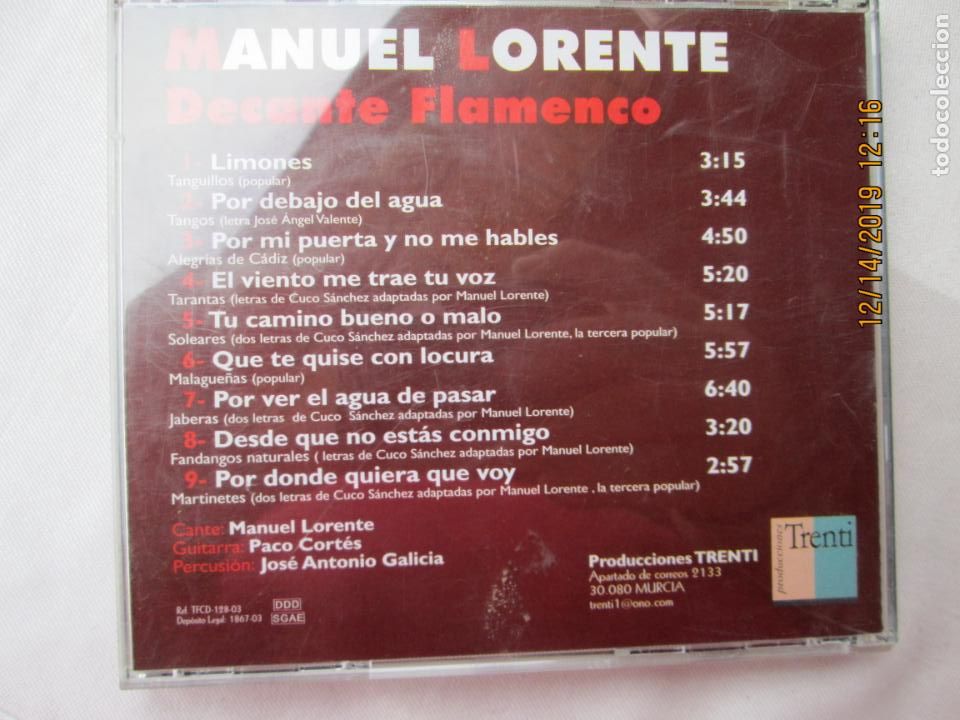 CDs de m&uacute;sica: MANUEL LORENTE , DECANTE FLAMENCO CD - Foto 2