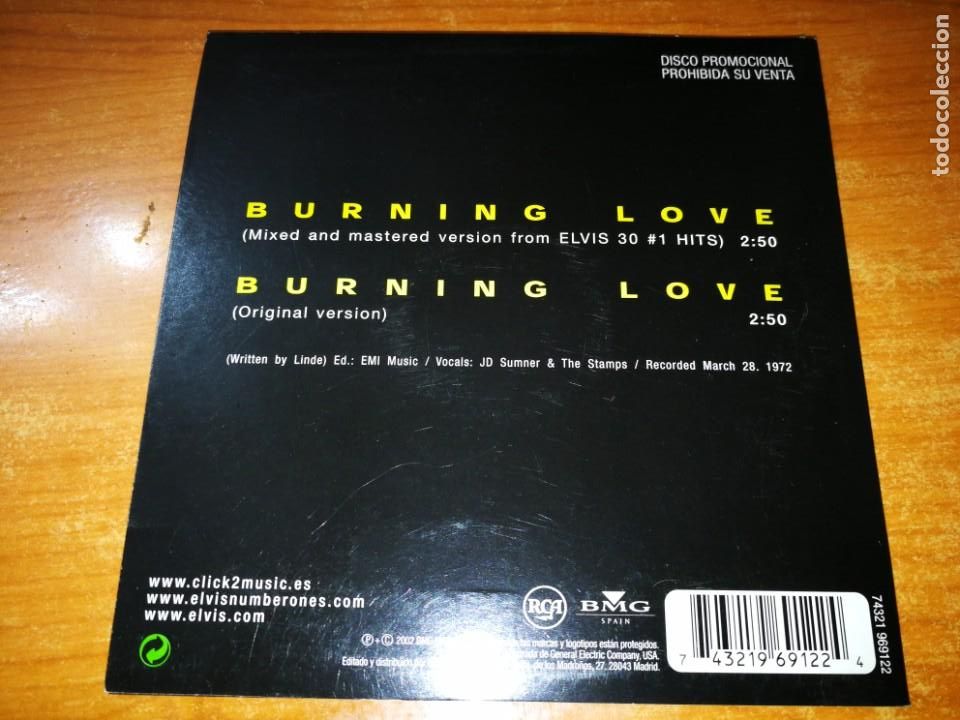CDs de M&uacute;sica: ELVIS PRESLEY Burning love REMIX CD SINGLE PROMOCIONAL ESPA&Ntilde;OL DEL A&Ntilde;O 2002 2 TEMAS