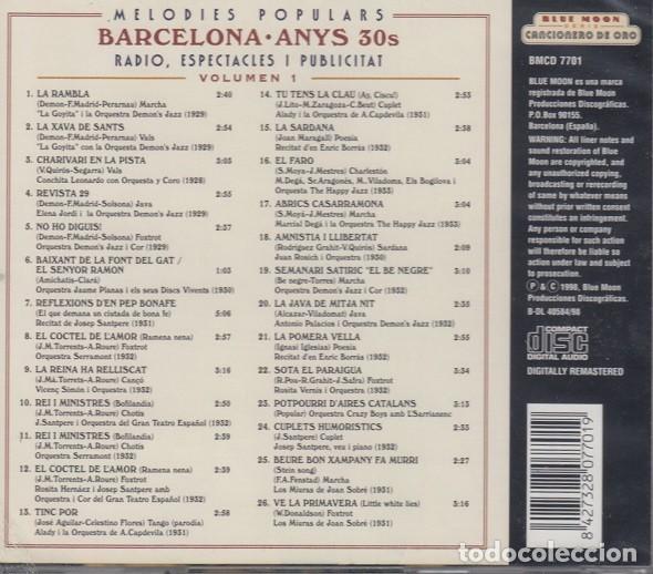 CDs de Música: BARCELONA ANYS 30s MELODIES POPULARS RADIO ESPECTACLES I PUBLICITAT VOLUM 1 CD DEMONSERRAMONT ALADY# - Foto 2 - 291146948