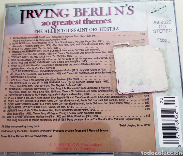 CDs de m&uacute;sica: Irving Berlins / 20 greatest themes / cd original - Foto 2