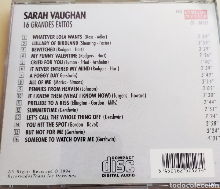 CDs de m&uacute;sica: Sarah Vaughan / 16 Grandes &Eacute;xitos / cd original - Foto 2