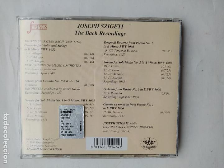 CDs de m&uacute;sica: JOSEPH SZIGETI. THE BACH RECORDINGS. STRINGS. CD. TDKCD191 - Foto 3