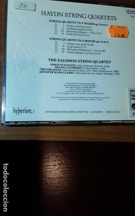 CDs de m&uacute;sica: Haydn: String Quartets, Op. 74/2 & Op. 74/3 Salomon Quartet - Hyperion 1983 - Foto 3