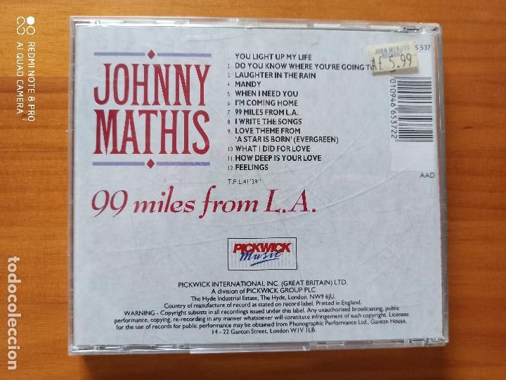 CDs de m&uacute;sica: CD JOHNNY MATHIS - 99 MILES FROM L.A. (5A) - Foto 2