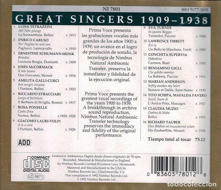 CDs de m&uacute;sica: Great Singers 1909-1938. Prima Voce. CD - Foto 2