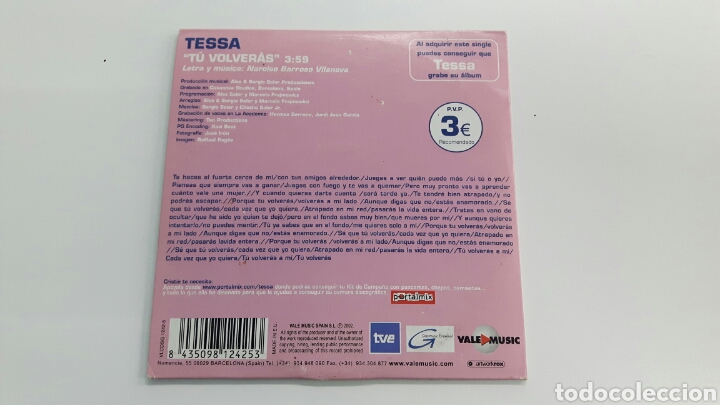 CDs de m&uacute;sica: CD SINGLE TESSA - T&Uacute; VOLVER&Aacute;S - 2002 - Foto 3