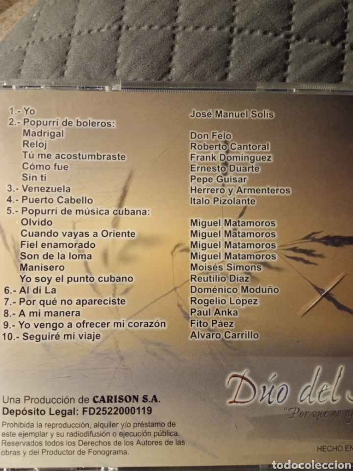 CDs de m&uacute;sica: Cd D&Uacute;O DEL SOL &rdquo; POR QUE NO APARECISTE &rdquo; - Foto 2