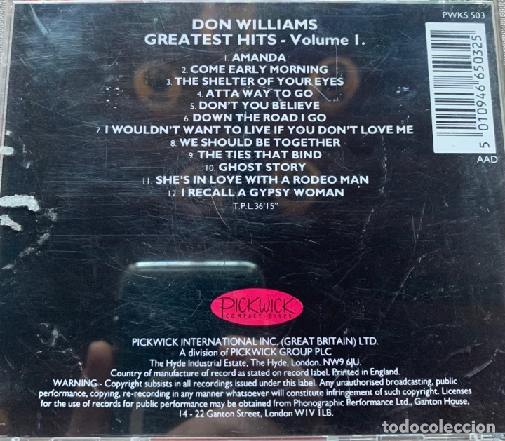 CDs de m&uacute;sica: Cd Don Williams Greatest Hits vol.1 - Foto 2