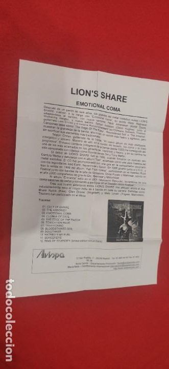 CD di Musica: Hoja promocional Lion's Share 'Emotional coma'