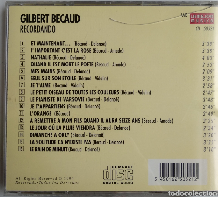 CDs de m&uacute;sica: *GILBERT BECAUD, RECORDANDO, SPAIN, 1994 - Foto 2