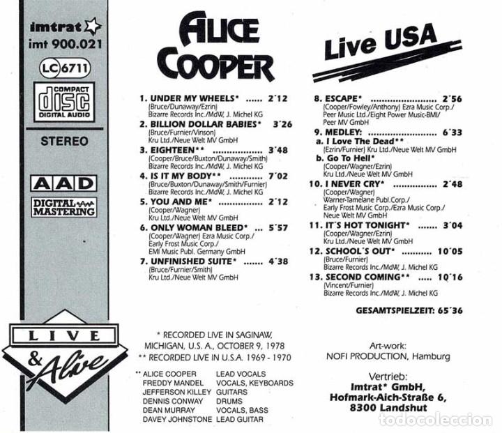 CDs de m&uacute;sica: Alice Cooper - Live USA. CD (Raro) - Foto 2