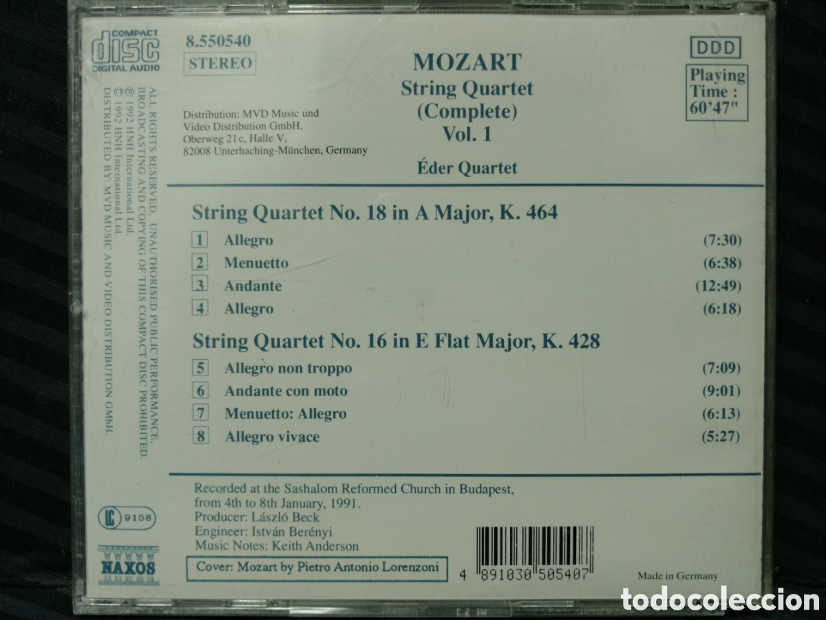 CDs de m&uacute;sica: Mozart - &Eacute;der Quartet - String Quartets (Complete) Vol. 1: K. 428, K. 464 (CD) - Foto 2