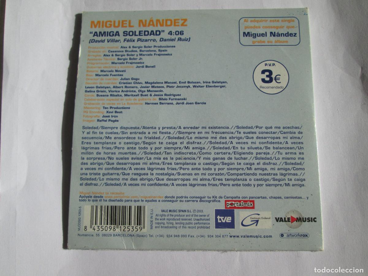 CDs de m&uacute;sica: MIGUEL NANDEZ - AMIGA SOLEDAD - CD SINGLE - 2003 - Foto 2