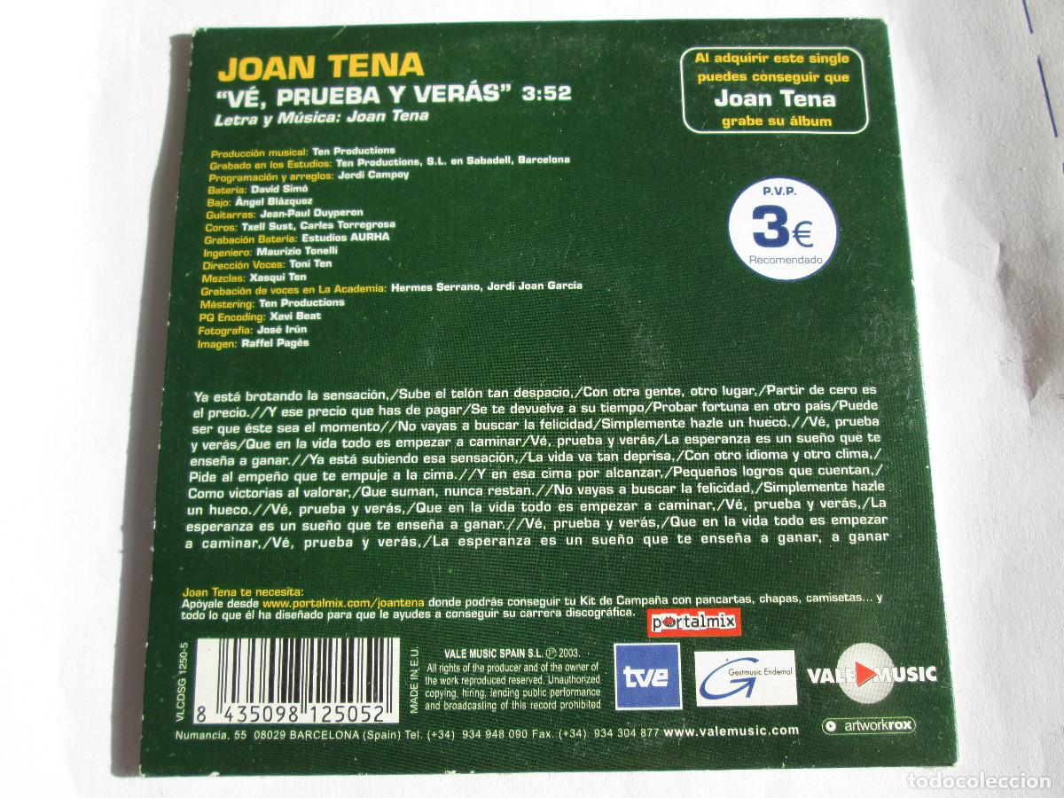CDs de m&uacute;sica: JOAN TENA - VE, PRUEBA Y VERAS - CD SINGLE - 2003 - Foto 2