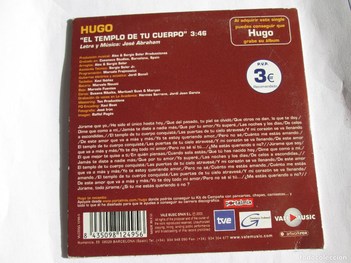 CDs de m&uacute;sica: HUGO - EL TEMPLO DE TU CUERPO - CD SINGLE - 2003 - Foto 2