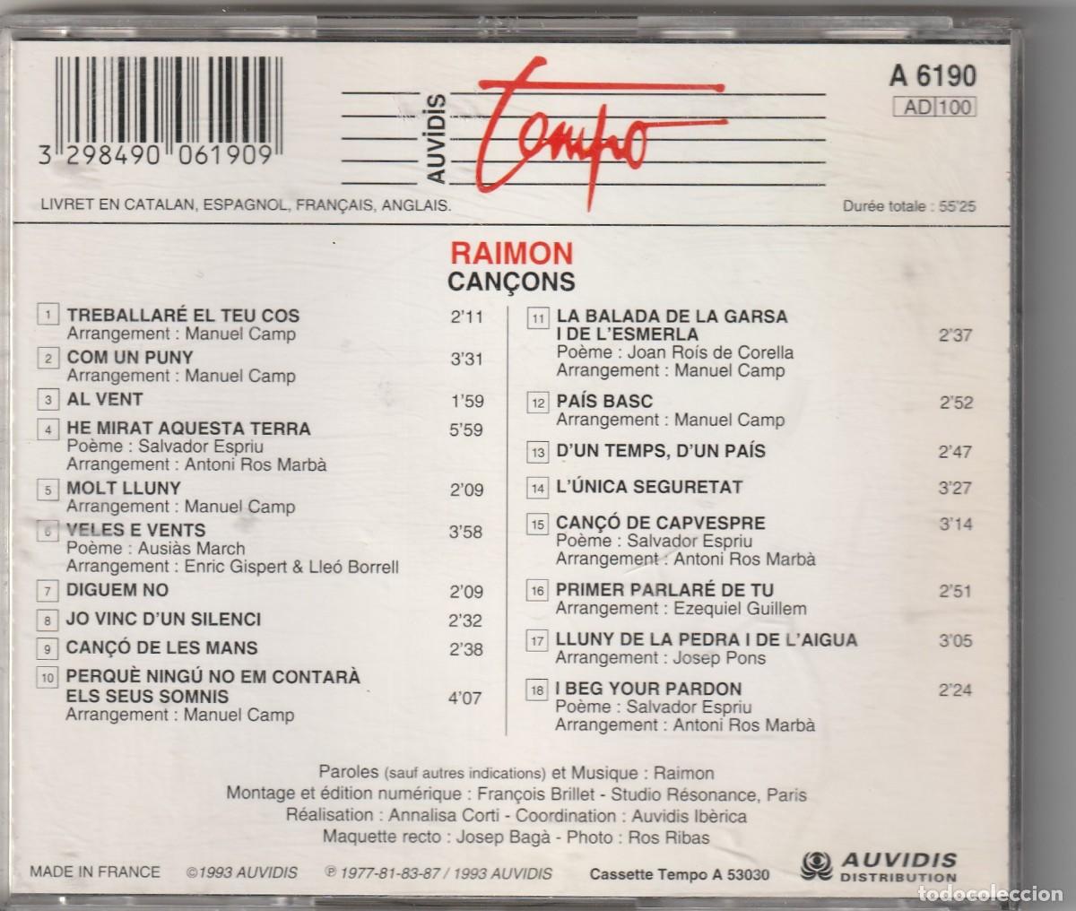 CDs de m&uacute;sica: RAIMON - CAN&Ccedil;ONS (CD AUVIDIS 1993) - Foto 2