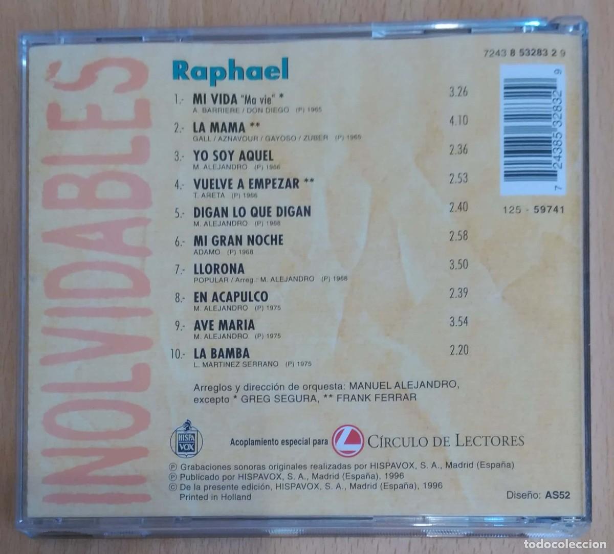 CDs de m&uacute;sica: RAPHAEL (INOLVIDABLES) CD 1996 CIRCULO DE LECTORES - Foto 2