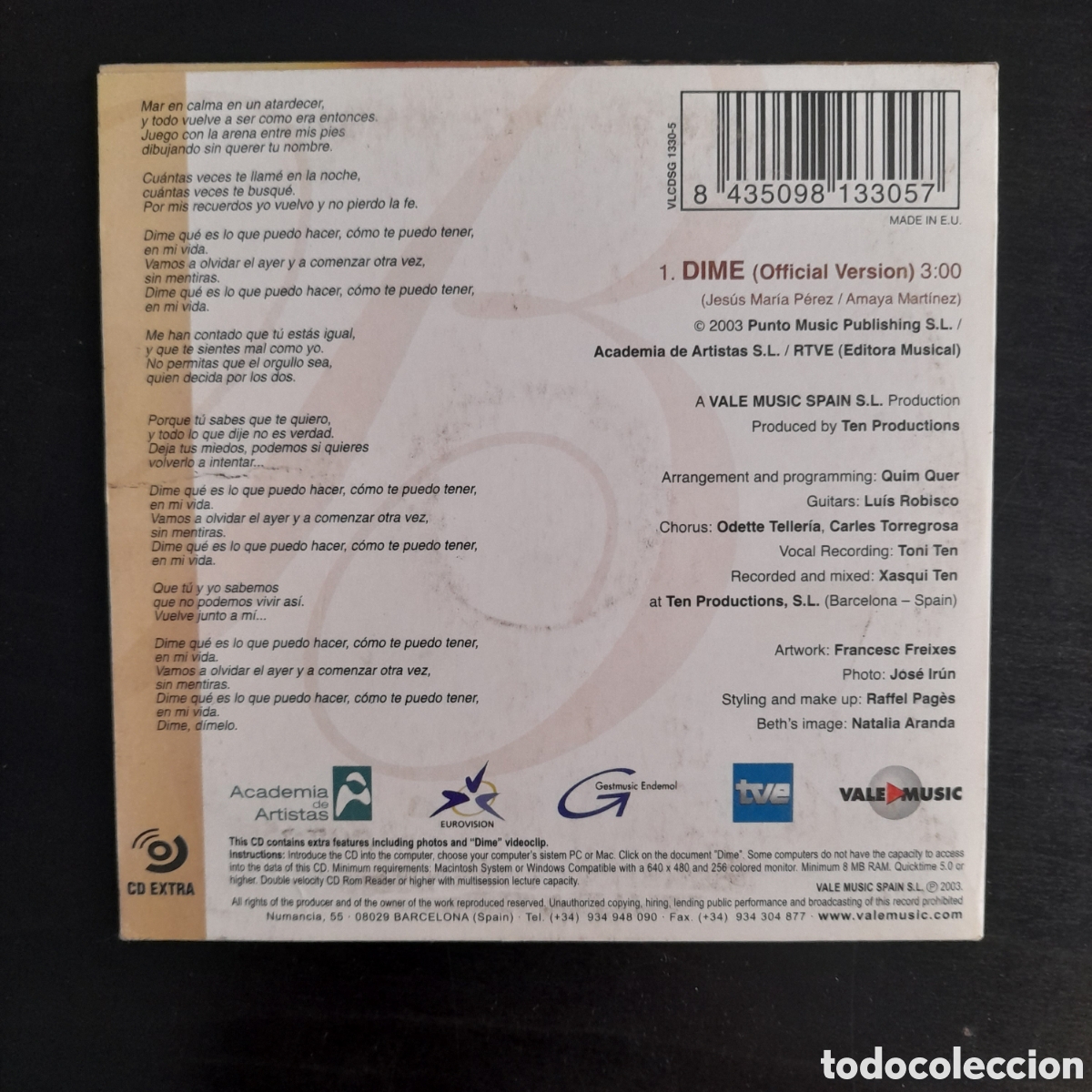 CDs de m&uacute;sica: Beth &ndash; Dime. CD, Single, Enhanced 2003 Espa&ntilde;a EUROVISION - Foto 2
