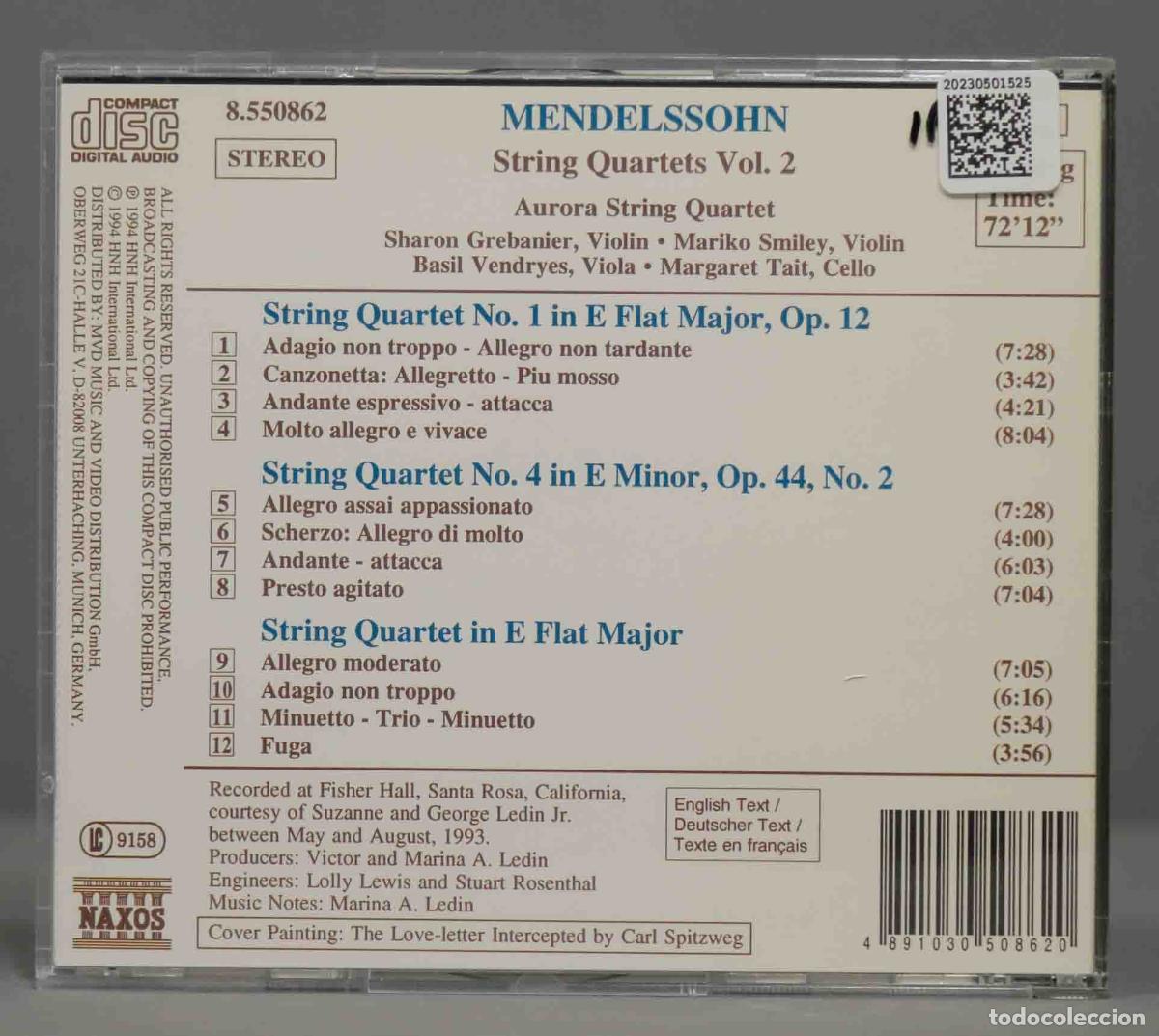 CDs de m&uacute;sica: CD. Mendelssohn &ndash; Aurora String Quartet &ndash; String Quartets Volume 2 - Foto 2
