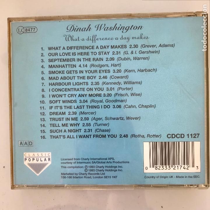 CDs de m&uacute;sica: Dinah Washington. What a difference a day makes. PEDIDO M&Iacute;NIMO 5&euro; - Foto 2