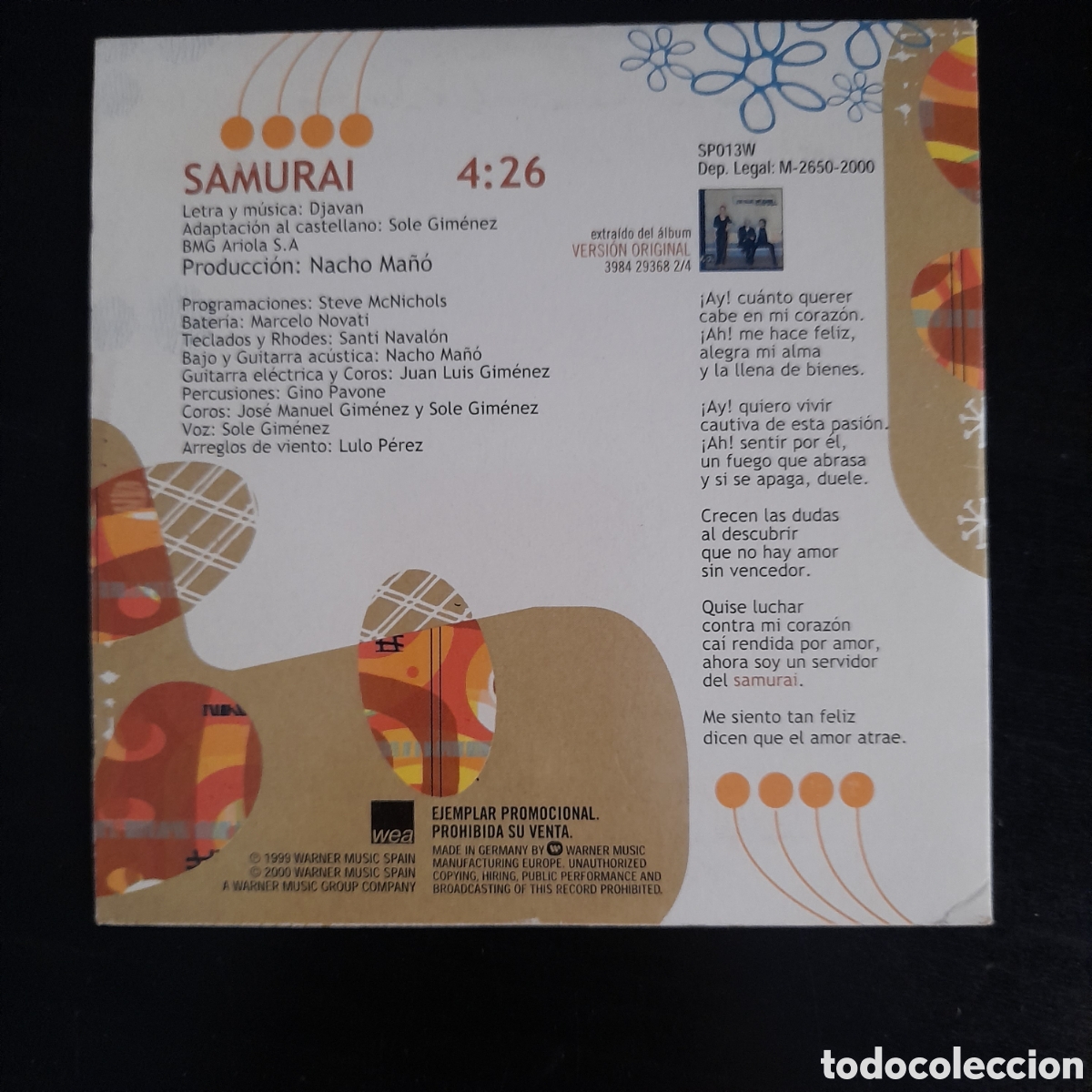 CDs de m&uacute;sica: Presuntos Implicados &ndash; Samurai. CD, Single, Promo, 2000 - Foto 2