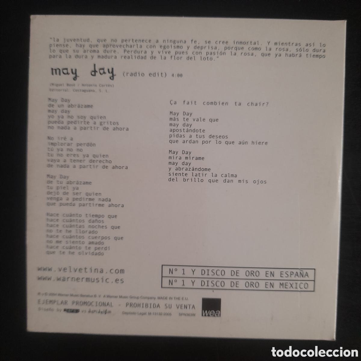 CDs de m&uacute;sica: Miguel Bos&eacute; &ndash; May Day. CD, Single, Promo 2005 - Foto 2