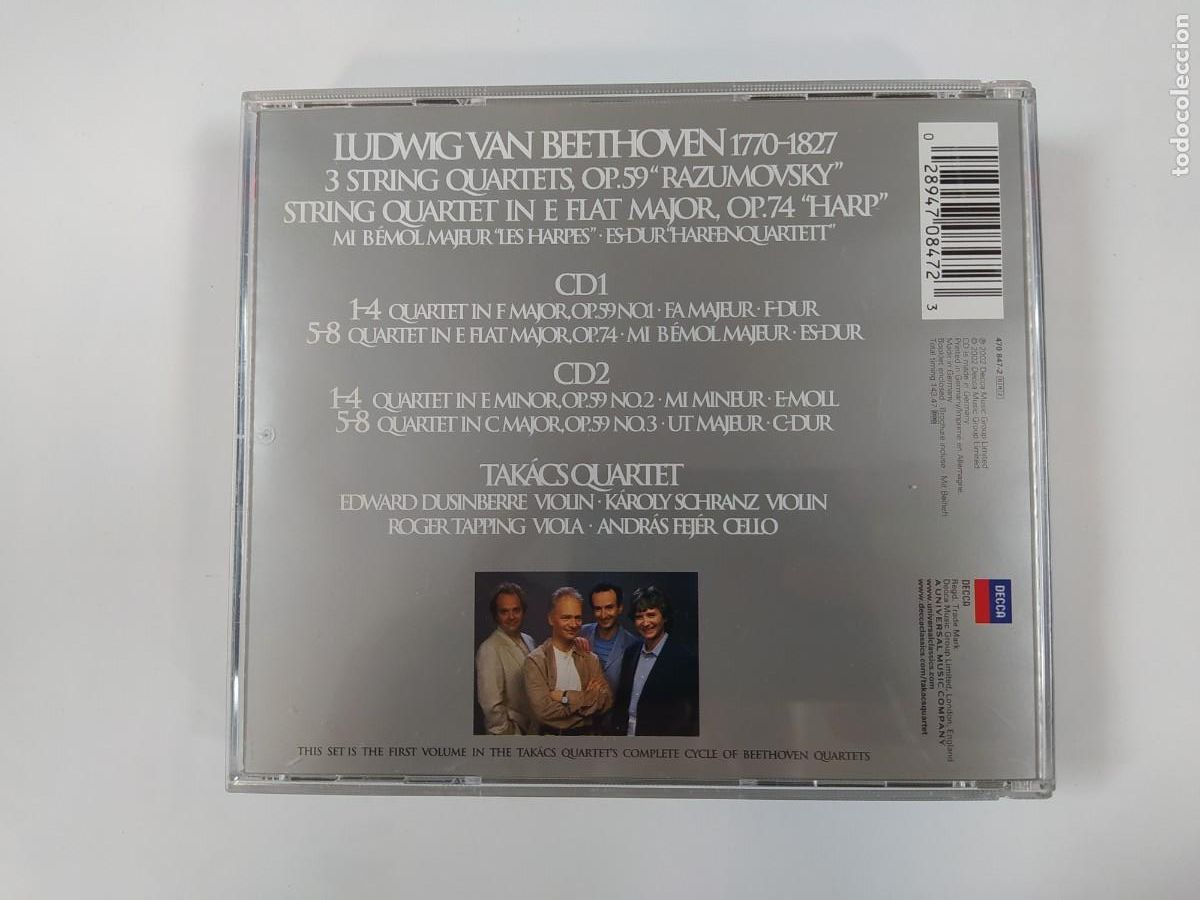 CDs de m&uacute;sica: TAKACS QUARTET. STRING QUARTETS. BEETHOVEN. STRING QUARTETS. DOBLE CD. DECCA. TDKCD243 - Foto 2