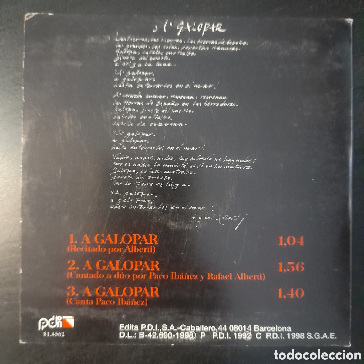 CDs de m&uacute;sica: Rafael Alberti, Paco Iba&ntilde;ez &ndash; A Galopar. CD, Single - Foto 2