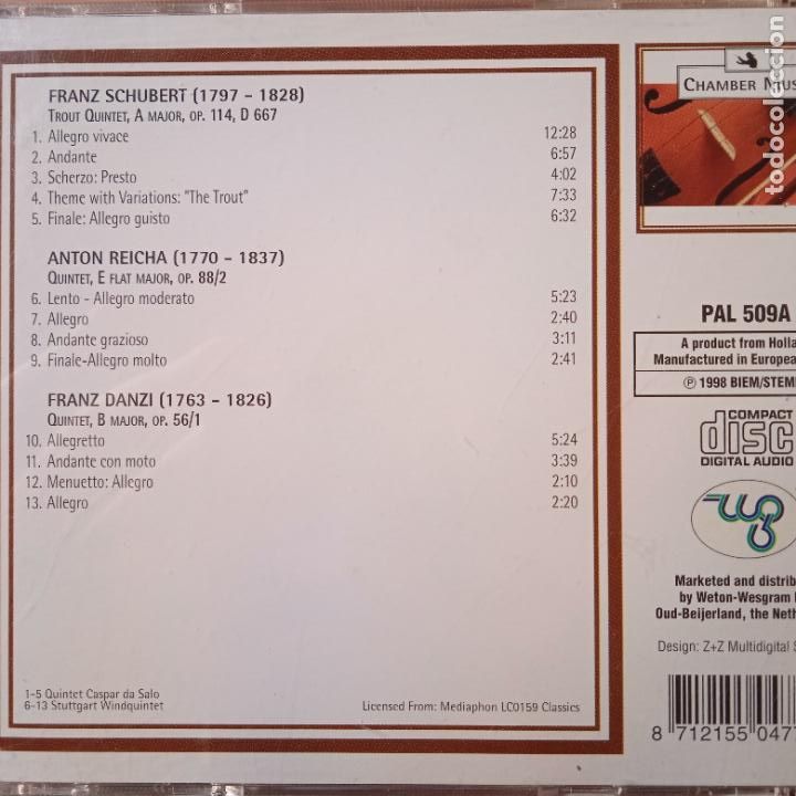 CDs de m&uacute;sica: SCHUBERT, DANZI & REICHA - CD CHAMBER MUSIC - Foto 2