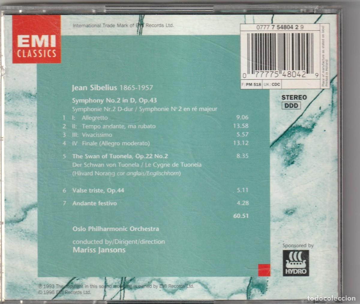 CDs de m&uacute;sica: SIBELIUS - SYMPHONY NO.2 - MARISS JANSONS (CD EMI 1996) - Foto 2