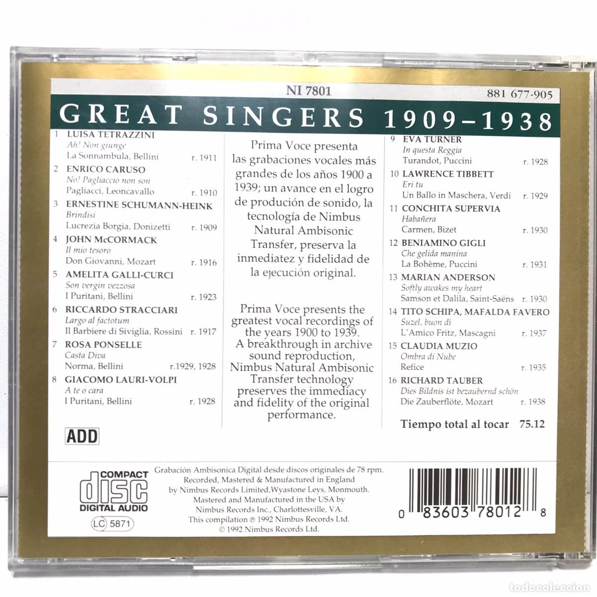 CDs de m&uacute;sica: Prima Voce ● Great Singers 1909-1938 ● CD, Compilation, Mono - Foto 2