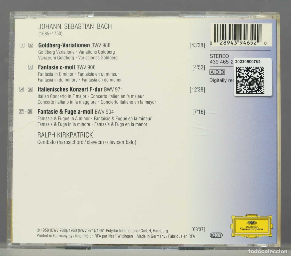 CDs de m&uacute;sica: CD. BACH. GOLDBERG VARIATIONS. ITALIAN CONCERTO. KIRKPATRICK - Foto 2