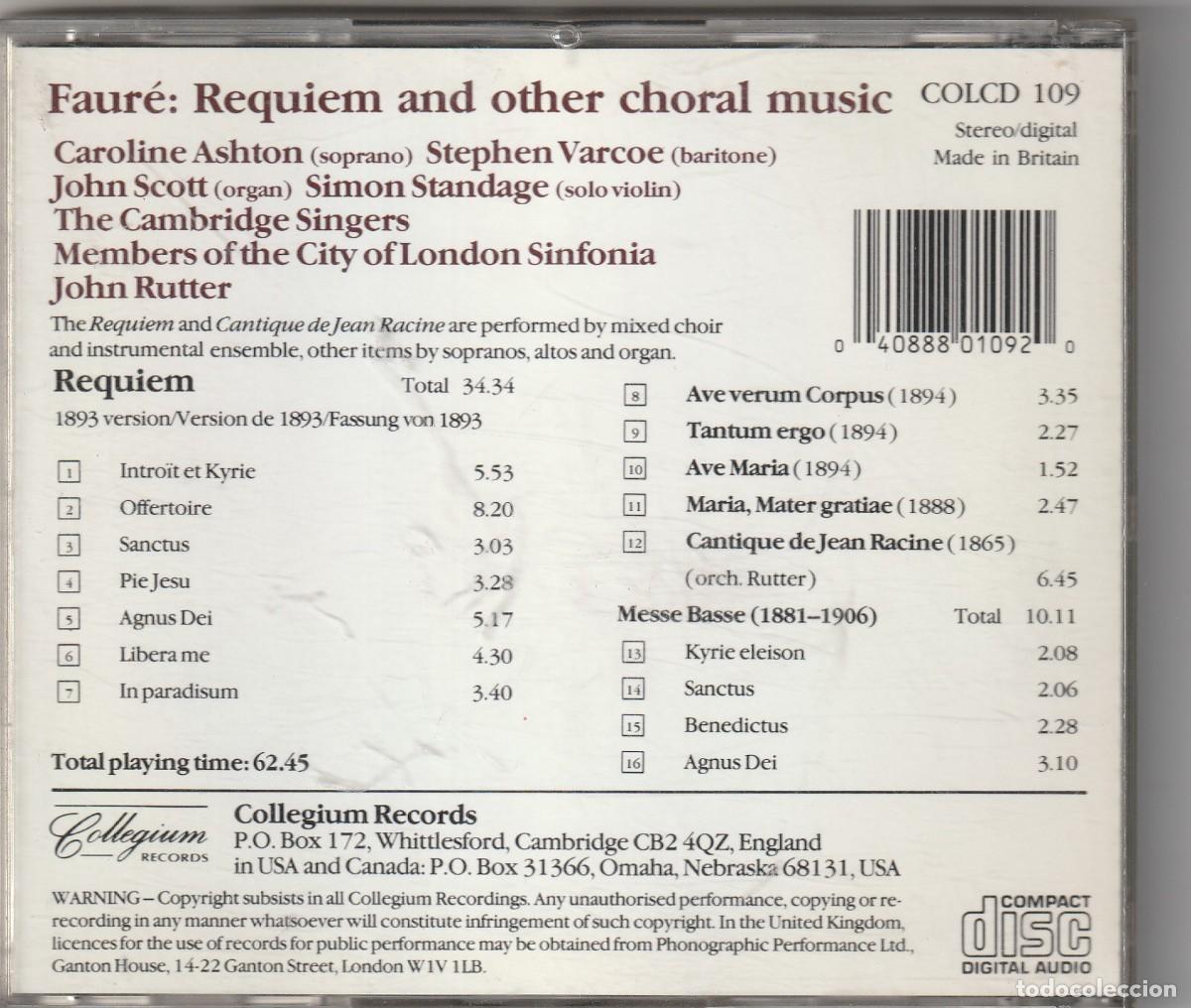 CDs de m&uacute;sica: FAUR&Eacute; - REQUIEM (CD COLLEGIUM 1988) JOHN RUTTER - Foto 2