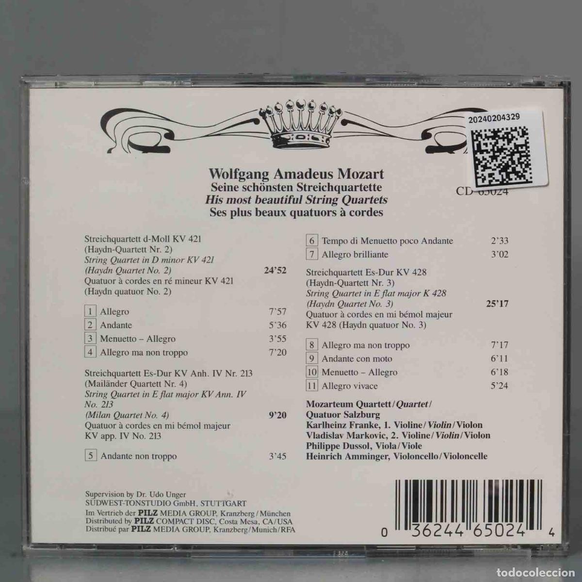 CDs de m&uacute;sica: CD. MOZART. HIS MOST BEAUTIFUL STRING QUARTETS - Foto 2