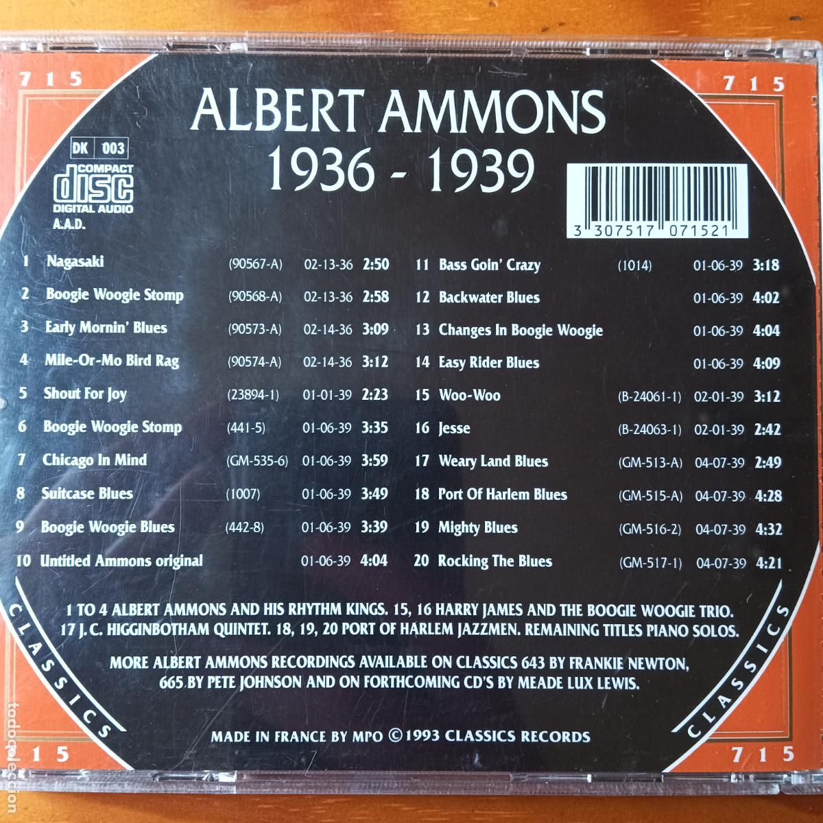 CDs de m&uacute;sica: ALBERT AMMONS 1936-1939, CLASSICS THE CHRONOGICAL. CD - Foto 2