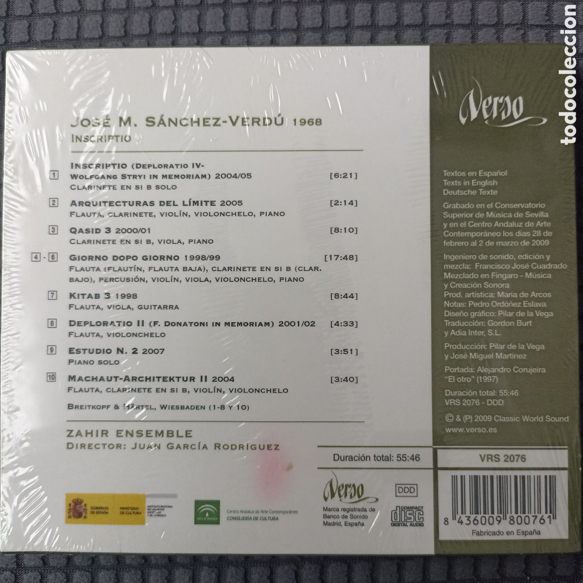 CDs de m&uacute;sica: Jos&eacute; Mar&iacute;a S&aacute;nchez-Verd&uacute;. Inscriptio. Zahir Ensemble. - Foto 2