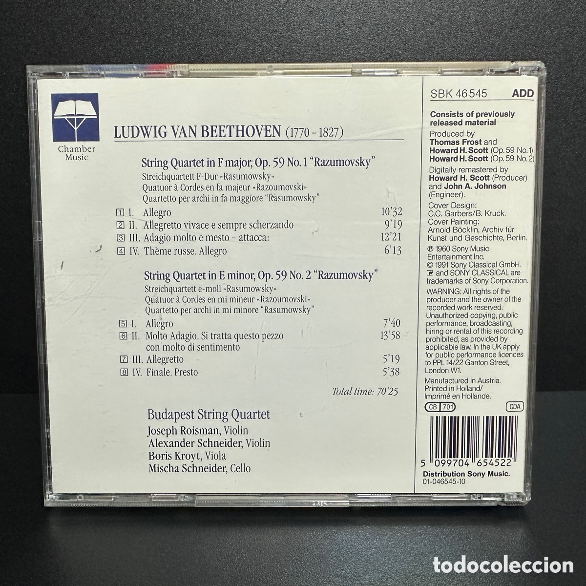 CDs de m&uacute;sica: Beethoven - Budapest String Quartet - String Quartets Op. 59 No. 1 & 2 (CD) - Foto 2