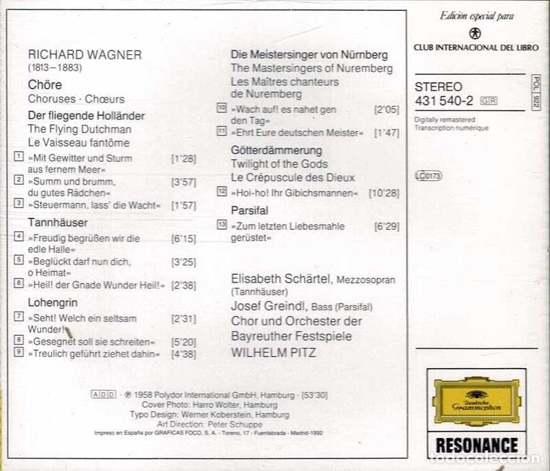 CDs de m&uacute;sica: Richard Wagner, Wilhelm Pitz - Chore. CD - Foto 2