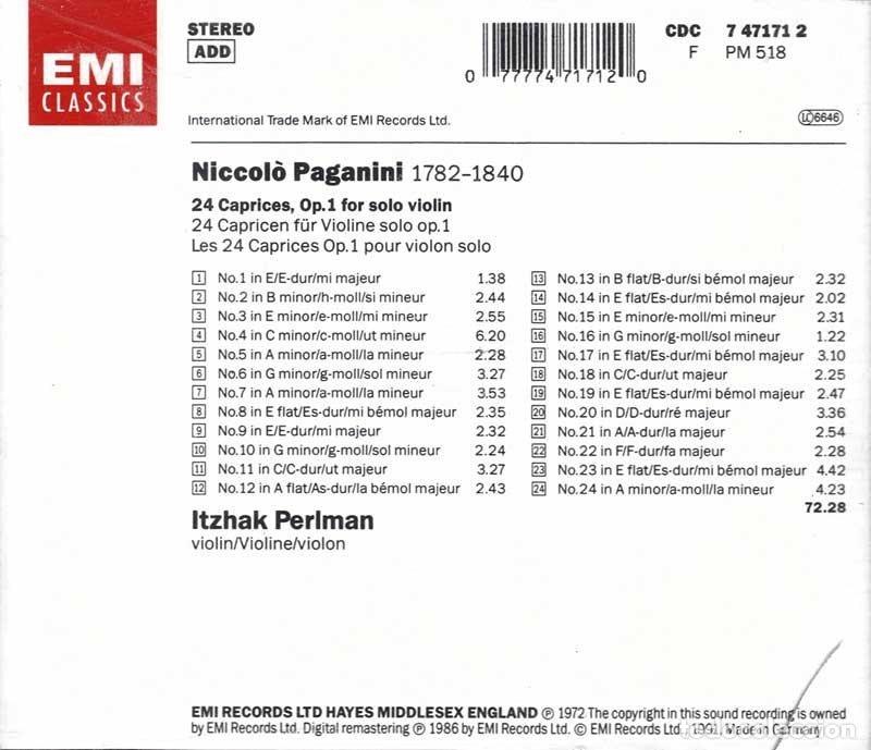 CDs de m&uacute;sica: Niccol&ograve; Paganini, Itzhak Perlman - 24 Caprices. CD - Foto 2