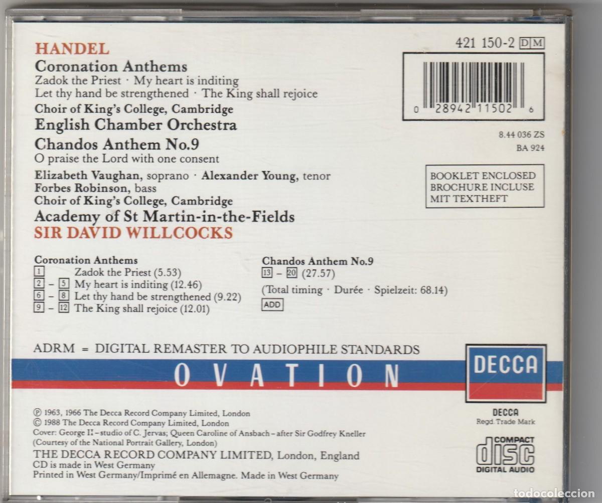 CDs de m&uacute;sica: HANDEL - CORONATION ANTHEMS (CD DECCA) SIR DAVID WILLCOCKS - Foto 2